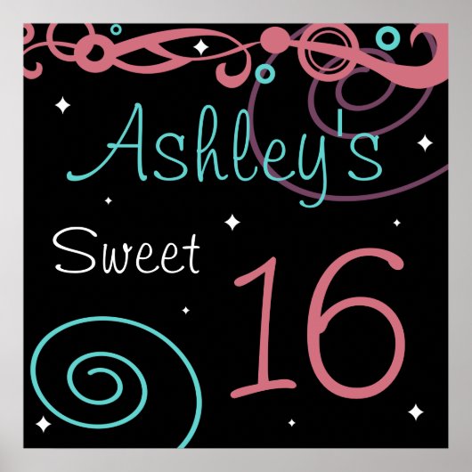 Custom Black Sweet 16 Birthday Party Wall Decor Poster (Voorkant)