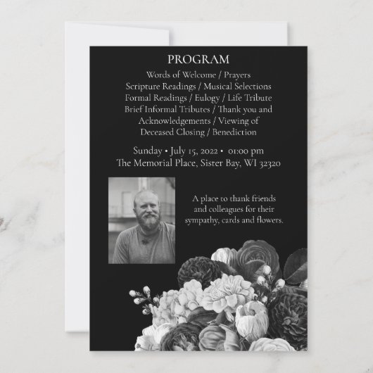 Custom Black & White Floral Memorial Programme Kaart (Achterkant)