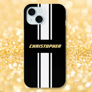 Custom Black White Racing Stripes Gold Monogramed iPhone 15 Case