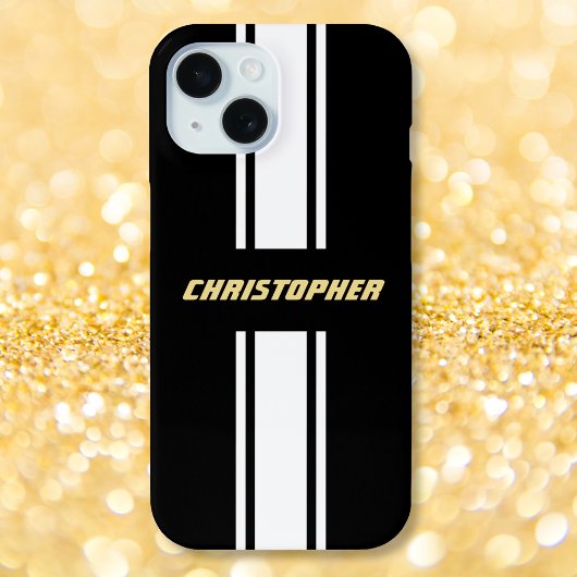 Custom Black White Racing Stripes Gold Monogramed Case-Mate iPhone Case