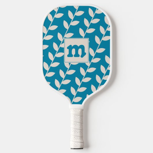 Custom Blauw 70s Bladpatroon Monogram Pickleball Paddle (Voorkant)