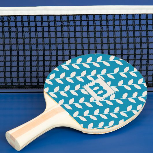 Custom Blauw 70s Bladpatroon Monogram Tafeltennisbatje (Insitu)