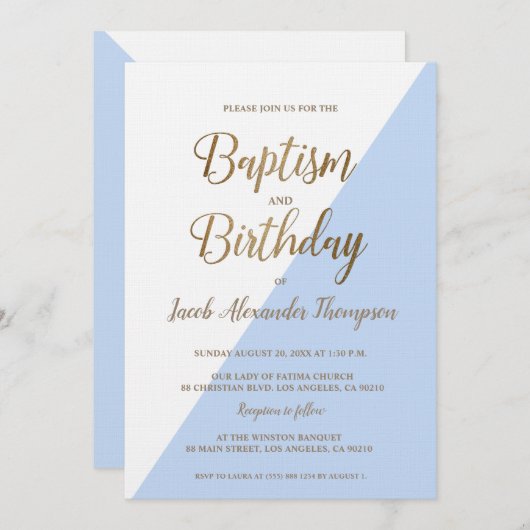 Custom Blauw Goud Gezamenlijke Doop en Verjaardag Kaart (Voorkant / Achterkant)