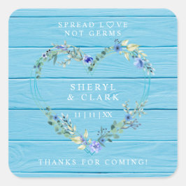 Custom Blauw Hout Bloemen Hart Bruiloft Sanitizer Vierkante Sticker
