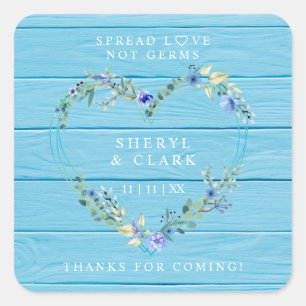 Custom Blauw Hout Bloemen Hart Bruiloft Sanitizer Vierkante Sticker