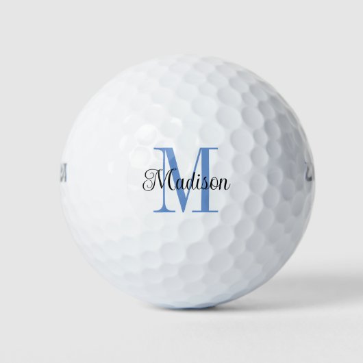 Custom Blauw Monogram Initiaal Zwart Naam Golfballen (Voorkant)