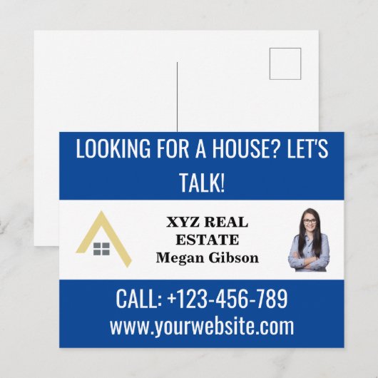 Custom Blauw Wit Vastgoed Logo Promotie Briefkaart (Voorkant / Achterkant)