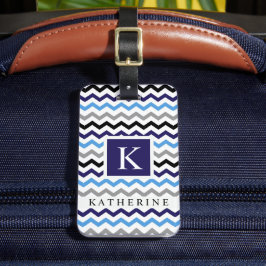 Custom Blauw Zwart Wit Grijs Chevron Patroon Bagagelabel