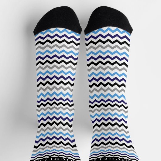 Custom Blauw Zwart Wit Grijs Chevron Patroon Sokken (Top)