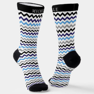 Custom Blauw Zwart Wit Grijs Chevron Patroon Sokken