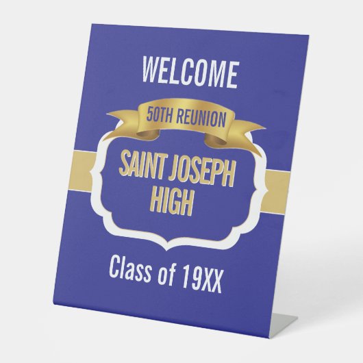 Custom Blue 50th Class Reunion Reclamebord Met Voetstuk (Voorkant)