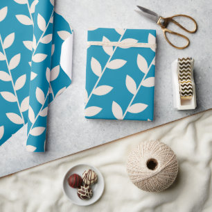 Custom Blue 70s Retro Leaf Patroon Cadeaupapier