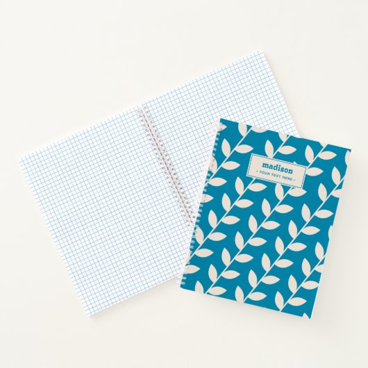 Custom Blue 70s Retro Leaf Patroon Monogram Notitieboek (Binnen)