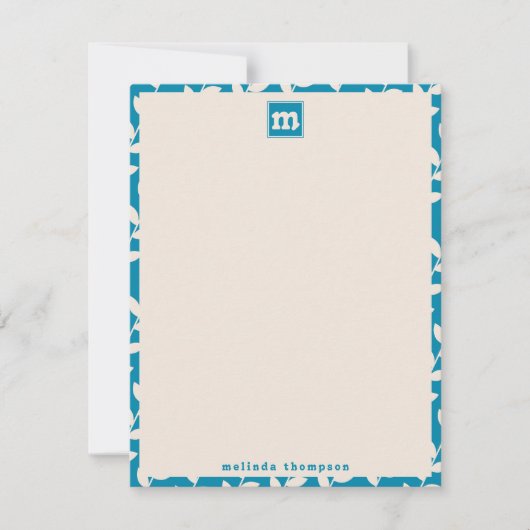 Custom Blue 70s Retro Leaf Patroon Monogram Notitiekaartje (Voorkant)