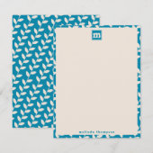 Custom Blue 70s Retro Leaf Patroon Monogram Notitiekaartje (Voorkant / Achterkant)