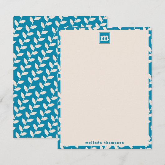 Custom Blue 70s Retro Leaf Patroon Monogram Notitiekaartje (Voorkant / Achterkant)