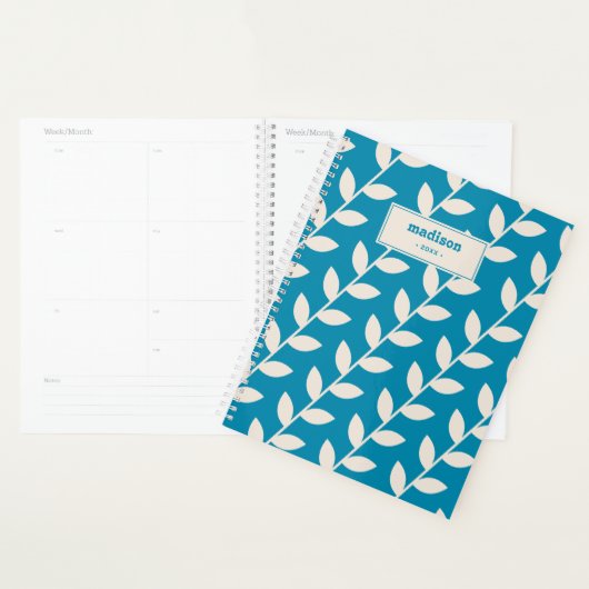 Custom Blue 70s Retro Leaf Patroon Monogram Planner (Display)