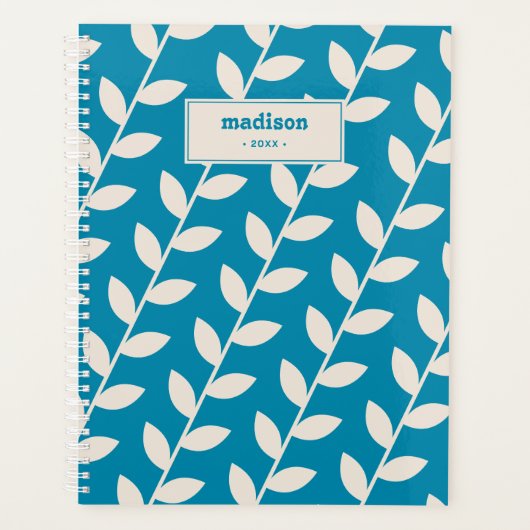 Custom Blue 70s Retro Leaf Patroon Monogram Planner (Voorkant)