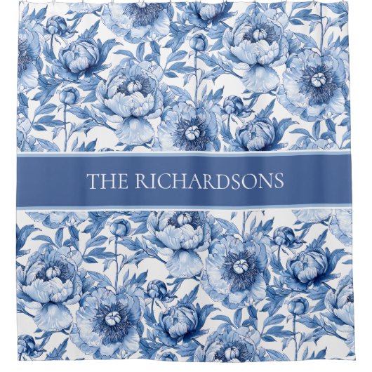 Custom Blue and White Chinoiserie Floral Pattern Douchegordijn (Voorkant)