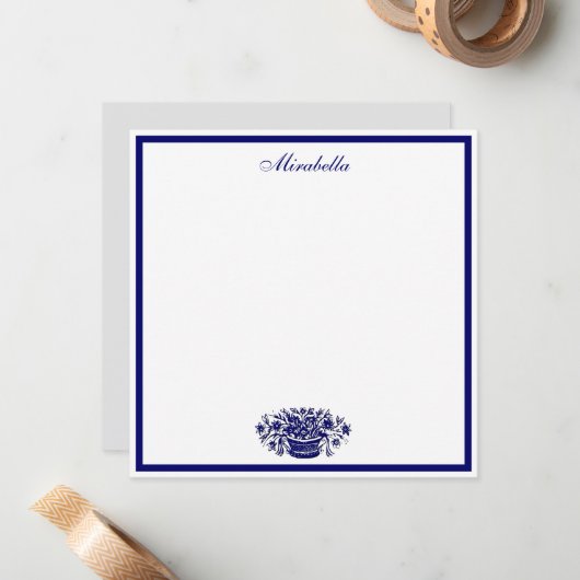 Custom Blue and White Floral Blue Border Square Notitiekaartje (Voorkant / Achterkant in situ)