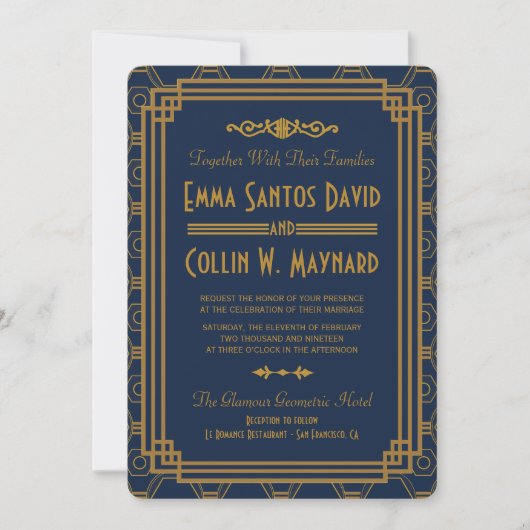 Custom Blue Art Deco Bruiloft uitnodigingen (Voorkant)