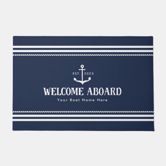 Custom Blue Boat Name Nautical Welcome Aboard Deurmat (Voorkant)