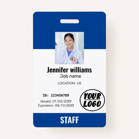 Custom Blue Business Logo Employee Photo ID Badge (Voorkant)