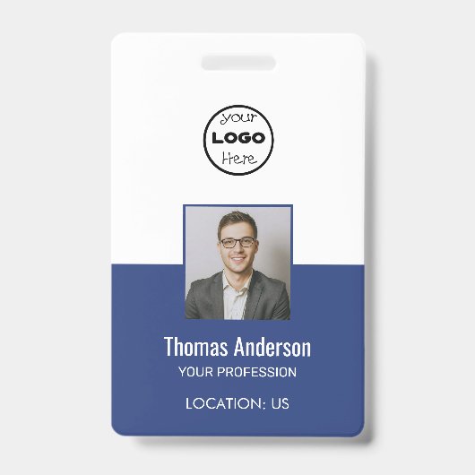 Custom Blue Business Logo Employee Photo ID Badge (Voorzijde)