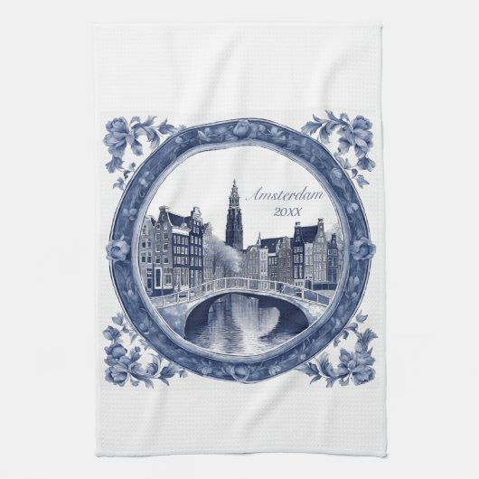 Custom Blue Delft Amsterdam Souvenir Theedoek (Verticaal)