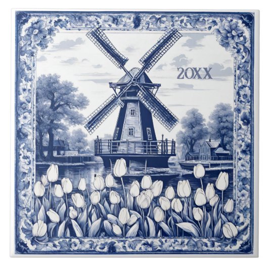 Custom Blue Delft Holland Windmill Tegeltje (Voorkant)