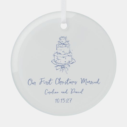 Custom Blue Doodle Cake Eerste Kerstmis Getrouwd Glas Ornament (Voorkant)