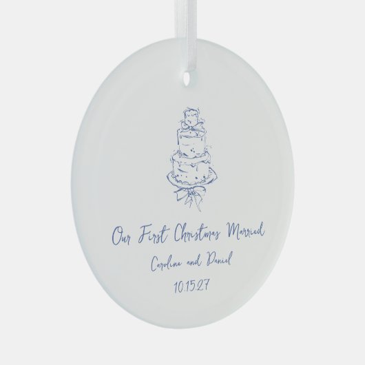 Custom Blue Doodle Cake Eerste Kerstmis Getrouwd Glas Ornament (Voorkant Rechts)
