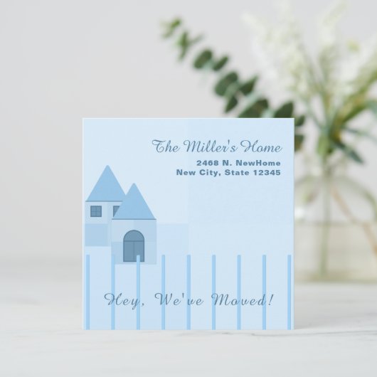 Custom Blue Fenced Home Housewarming Party Aankondiging (Staand voorkant)