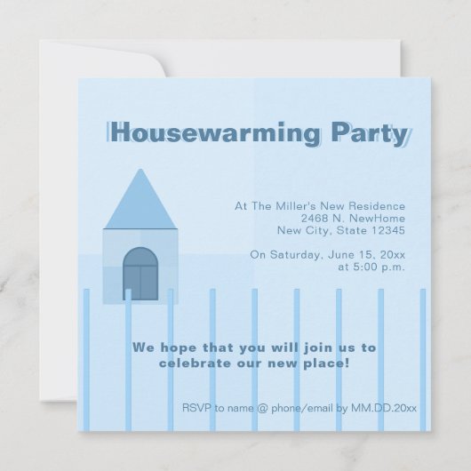 Custom Blue Fenced Home Housewarming Party Aankondiging (Achterkant)