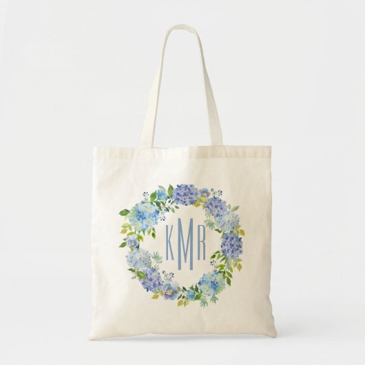 Custom Blue Floral hortensia Monogram Canvas tas (Voorkant)