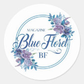Custom Blue Floral Logo Sticker – Elegant Round  (Voorkant)