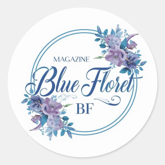 Custom Blue Floral Logo Sticker – Elegant Round  (Voorkant)