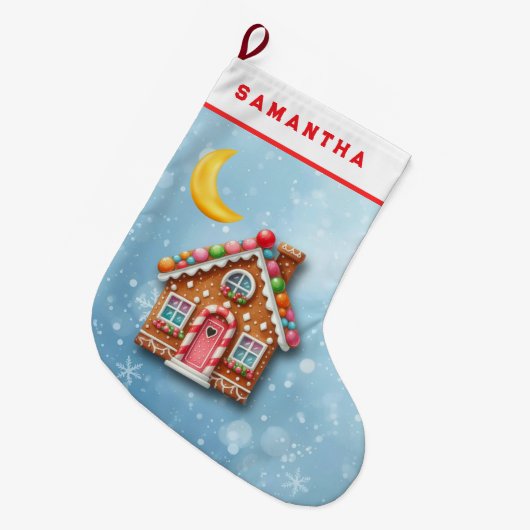 Custom Blue Gingerbread House Christmas Stocking Grote Kerstsok (Voorkant (Hangend))
