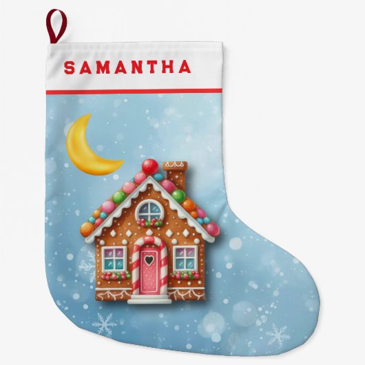 Custom Blue Gingerbread House Christmas Stocking Grote Kerstsok (Voorkant)
