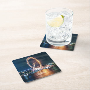 Custom Blue Gold Cityscape Night Travel London Kartonnen Onderzetters