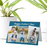 Custom Blue Happy Father's Day Photo Collage Kaart<br><div class="desc">Cute blue folded Happy Father's Day card with a family photo collage of a son or daughter. Personalize this cute gift for your dad with your 3 favorite family pictures.</div>