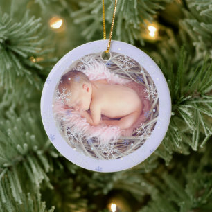 Custom Blue Keepsake Foto Baby's eerste kerst Keramisch Ornament