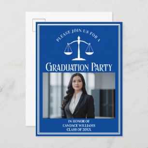 Custom Blue Law School Afstuderen Photo Party Uitnodiging Briefkaart