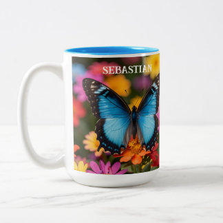 Custom Blue Morpho Butterfly Floral Botanical  Tweekleurige Koffiemok