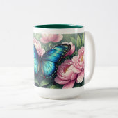 Custom Blue Morpho Butterfly Floral Monogram Tweekleurige Koffiemok (Voorkant rechts)