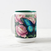 Custom Blue Morpho Butterfly Floral Monogram Tweekleurige Koffiemok (Voorkant links)