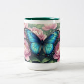 Custom Blue Morpho Butterfly Floral Monogram Tweekleurige Koffiemok (Center)