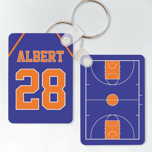 Custom Blue & Oranje basketbalveld en Jersey Sleutelhanger