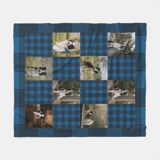Custom Blue Plaid 8 Photo Collage Fleece Deken (Voorkant (Horizontaal))