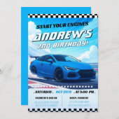 Custom Blue Race Auto verjaardagsfeestje Kaart (Voorkant / Achterkant)